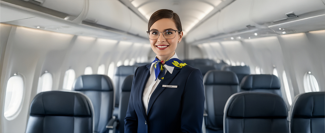 Primer plano de una azafata de vuelo con gafas de vista sonriendo en el pasillo del avión.